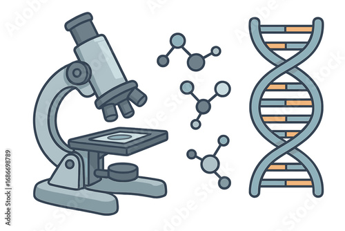 Science research icon set with microscope, DNA double helix and molecules. Genetic engineering, molecular biology, chemistry lab equipment. Cartoon vector for scientific study.