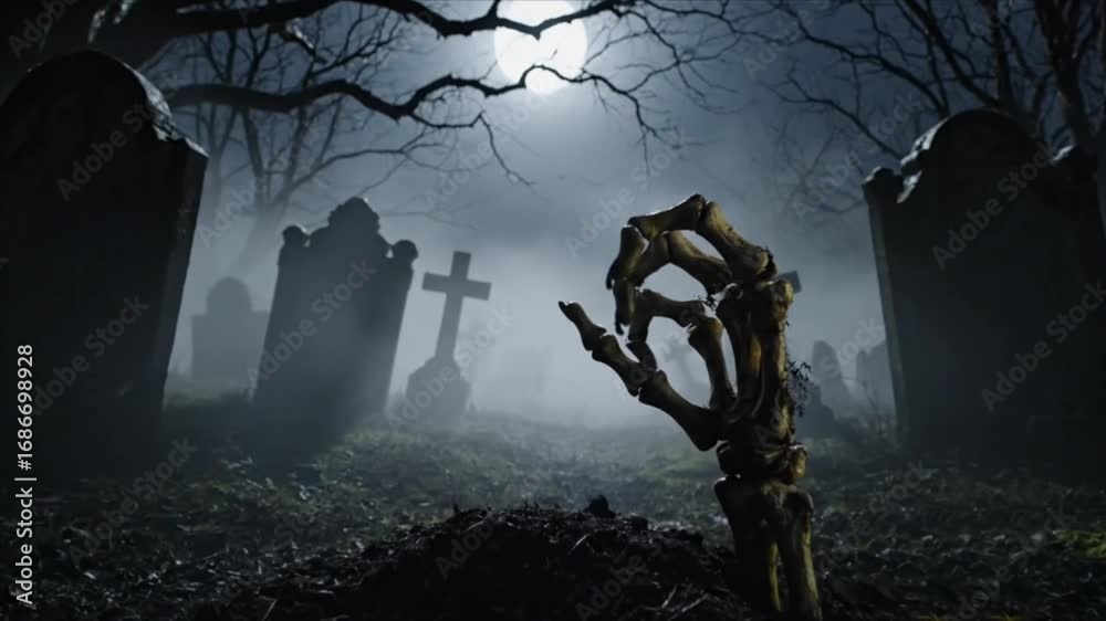 A Haunted graveyard on Halloween night as a skeleton hand reaches out from the grave