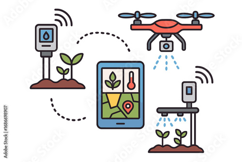 Smart farming technology concept. Agricultural innovation with drone, sensors, and tablet for crop management. Precision agriculture automation for growth and irrigation.