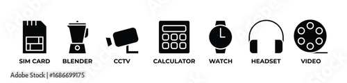 Tech Fusion Icons set vector illustration glyph with SIM CARD, BLENDER, CCTV, CALCULATOR, WATCH, HEADSET, VIDEO 