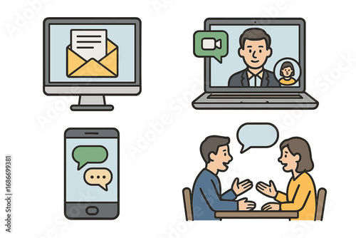 Set of business communication icons. Modern work methods concept. Includes video call, online meeting, email, smartphone chat and in-person conversation. Vector illustration.