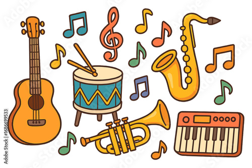 Set of cute cartoon musical instruments. Vector collection for kids music school, party or event. Guitar, drum, sax, trumpet and keyboard with notes. Isolated flat design elements.