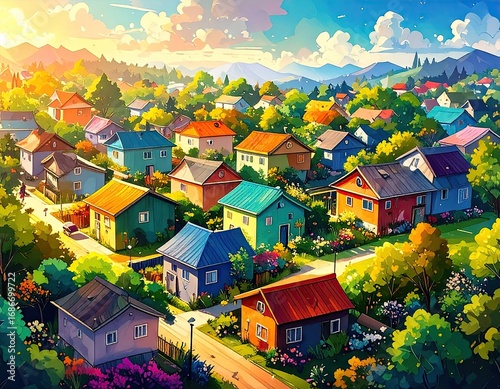 Vibrant Colorful Houses on a Sunny Hillside