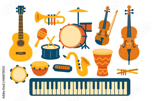 Musical instruments vector set. Flat cartoon illustration collection. Guitar, drum, piano, violin, sax. Music, sound, melody, rhythm, orchestra, band, jazz, concert concept icons.