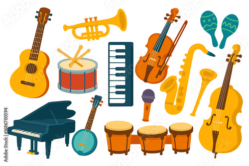 Musical instruments set. Cartoon vector collection for music school, festival or concert. Flat design icons of guitar, piano, violin, sax and drums for orchestra or band concept.