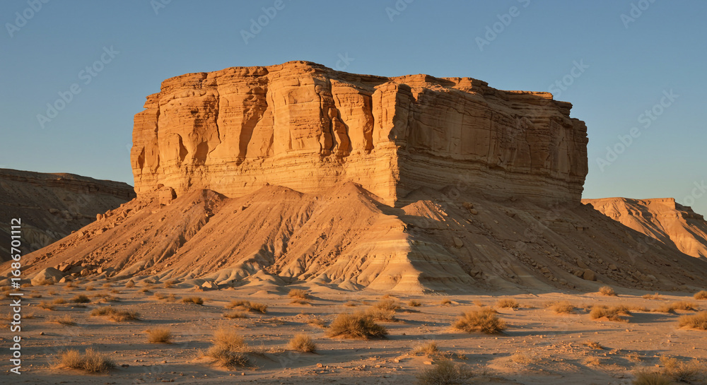Fototapeta premium Golden hour sunlight bathes majestic desert rock formation, a stunning landscape scene