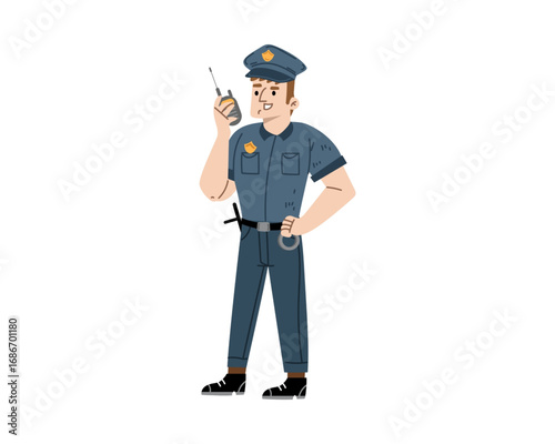 Cartoon Illustration of a Policeman Using a Walkie-Talkie on White Background