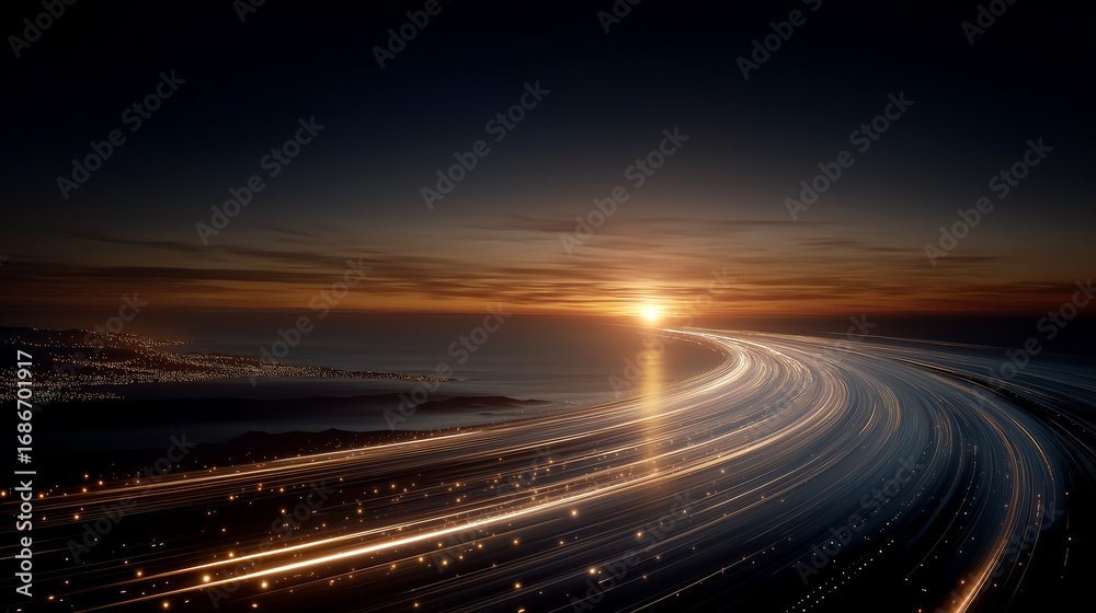 Fototapeta premium Pathway to the Horizon: An ethereal vista of light streaks stretching towards the distant sun, illustrating the journey and the boundless possibilities that await.