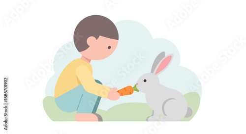 A young child is feeding a carrot to a fluffy, white rabbit in a grassy outdoor setting.
