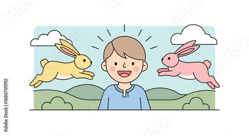 A happy boy with light brown hair smiles as a yellow rabbit and a pink rabbit leap on either side of him in a grassy landscape under clouds.