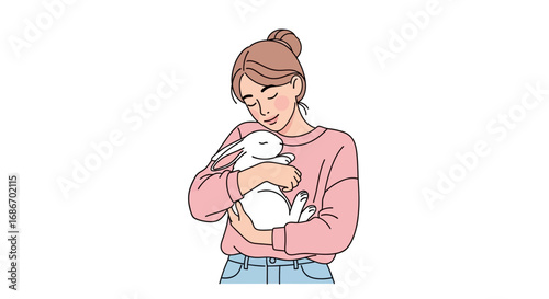 A young woman embracing a fluffy white rabbit, showing affection with closed eyes.