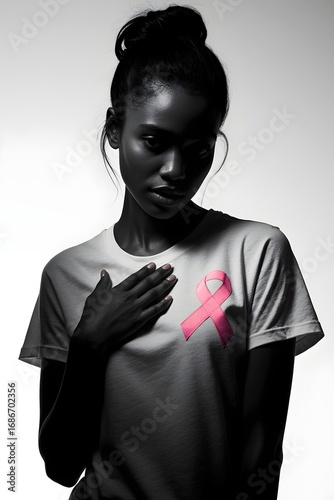 Black and white dramatic portrait of woman holding hand on heart with single bright pink ribbon symbolizing breast cancer awareness