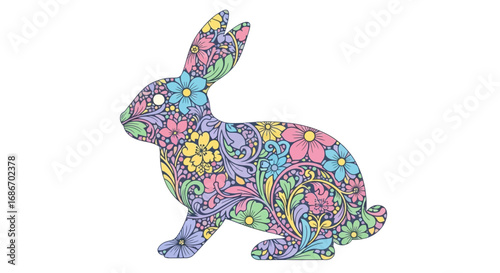 Colorful floral patterned silhouette of an Easter bunny.
