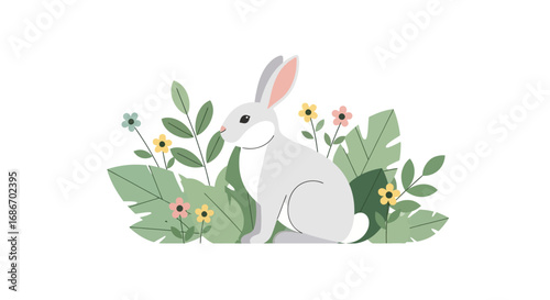 Cute gray rabbit surrounded by colorful flowers and foliage in a spring-like scene.