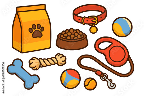 Dog care accessories collection. Pet supplies set with food, bowl, collar, leash, bone, and toys. Vector cartoon illustration for pet shop or veterinary clinic. Isolated icons.