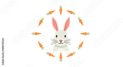 A cute white rabbit surrounded by a circular arrangement of orange carrots, smiling.