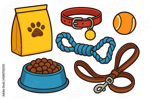 Pet care essentials set for dog or puppy. Vector collection of cartoon icons including food bag, bowl with kibble, collar, leash, rope toy and ball. Isolated doggy accessories.