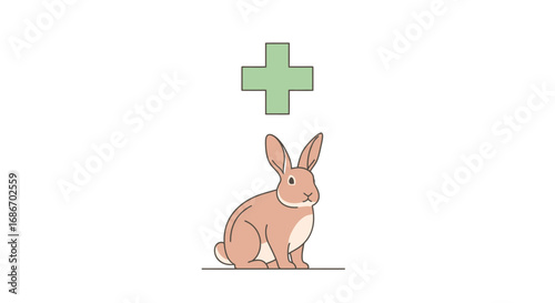 A brown rabbit sits calmly beneath a green medical cross symbol.