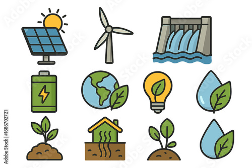 Renewable energy icon set. Green power concept. Sustainable technology. Solar panel, wind turbine, hydro dam, geothermal, battery. Vector ecology and environment symbols.