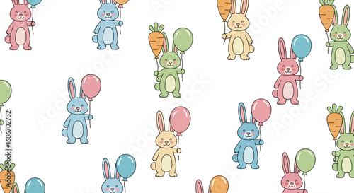 Colorful cartoon bunnies holding balloons and carrots, creating a repeating pattern on a white background.