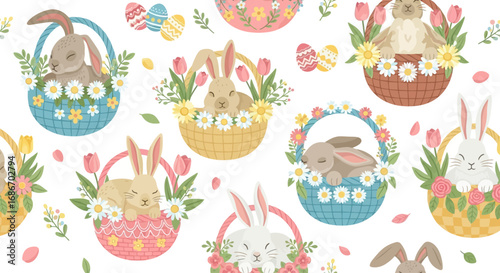 A charming seamless pattern of cute Easter bunnies in colorful baskets with spring flowers and decorated eggs.