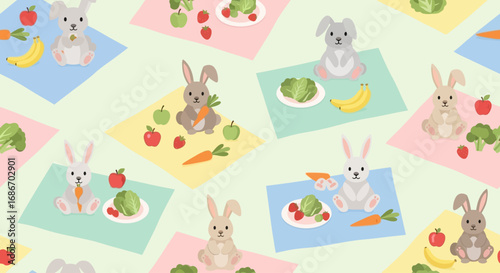 A cute seamless pattern of adorable rabbits enjoying a healthy picnic on colorful blankets with fresh fruits and vegetables.