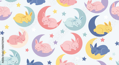 A whimsical pattern featuring sleeping bunnies nestled on crescent moons, surrounded by twinkling stars in a soft pastel color palette.