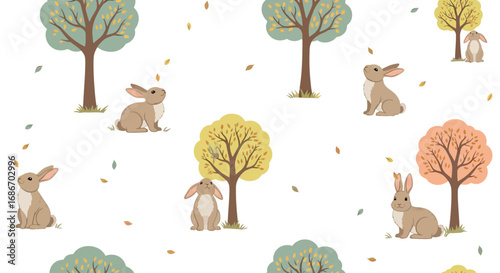 Seamless pattern featuring cute cartoon rabbits playing among stylized autumn trees with scattered leaves on a white background.