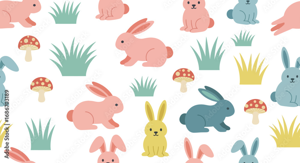 Fototapeta premium A whimsical pattern featuring a collection of adorable cartoon rabbits in various pastel colors, interspersed with stylized green grass tufts and charming red-capped mushrooms.