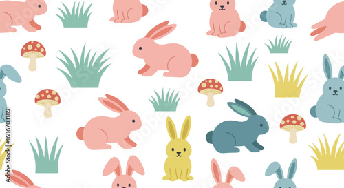 A whimsical pattern featuring a collection of adorable cartoon rabbits in various pastel colors, interspersed with stylized green grass tufts and charming red-capped mushrooms.