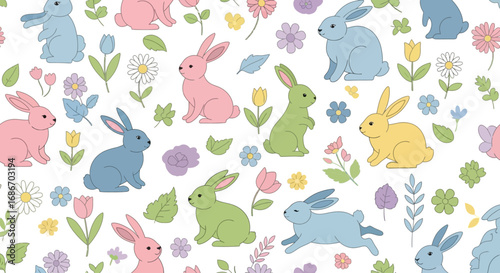 A charming pastel-colored seamless pattern featuring adorable cartoon bunnies in various poses amidst a delightful arrangement of blooming spring flowers and delicate leaves.