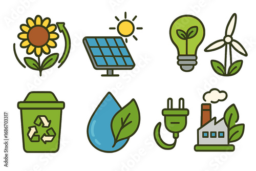 Renewable energy icon set. Green technology symbols for a sustainable future. Eco-friendly concept with solar panel, wind turbine, recycling, and clean power. Vector icons.