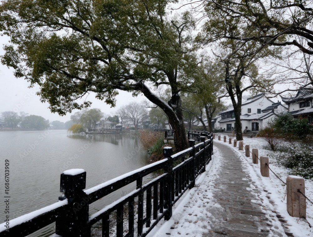 Naklejka premium Snowy scene of a lake path. A dark wooden fence lines a stone path leading towards traditional white buildings under a sky tinged with snow