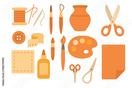 Craft hobby tools set. Sewing, pottery, painting supplies collection. DIY creative workshop icons. Handmade art equipment. Vector illustration flat design element for leisure.