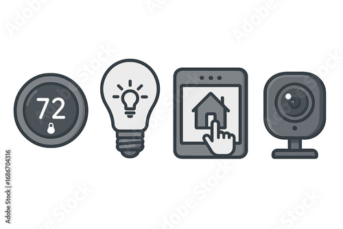 Smart home icon set. Home automation system with remote control. Vector illustration of thermostat, lighting, security camera. Internet of Things concept for energy and safety.