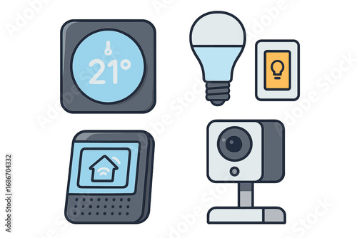 Smart home technology icons set. Vector illustration of home automation system devices. Includes thermostat, lighting control, security camera, and central hub for remote management.