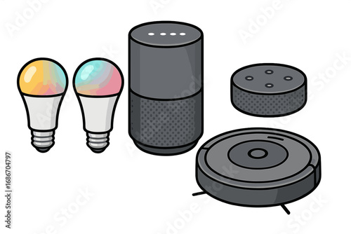 Smart home device set with voice assistant speaker, robotic vacuum, and color LED light bulbs. Internet of Things (IoT) home automation technology vector cartoon illustration.