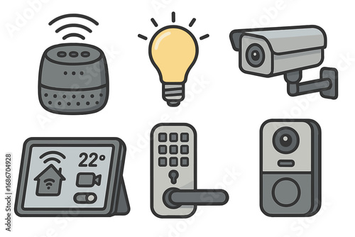 Smart home icon set. Home automation technology for convenience and security. Internet of Things concept. Vector illustration of speaker, camera, light bulb, and door lock.