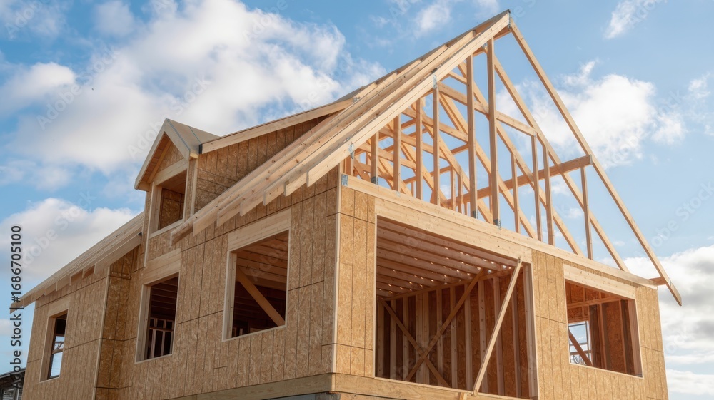 Obraz premium New house construction with wooden frame and blue sky in the background