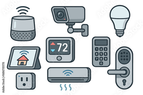 Smart home device icon set for home automation. Vector collection of IoT technology gadgets. Security camera, thermostat, smart lock, speaker, lightbulb, and plug icons.
