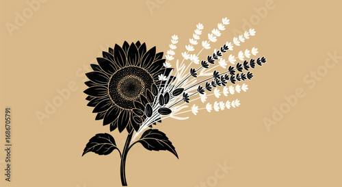 Stylized graphic illustration of a sunflower and complementary floral elements.