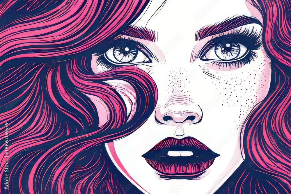 Fototapeta premium Woman with Pink Hair Illustration