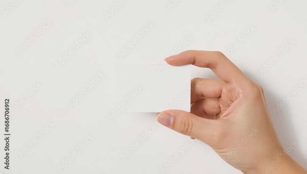 Fototapeta premium A blank rectangular card held by a hand against a plain white background.