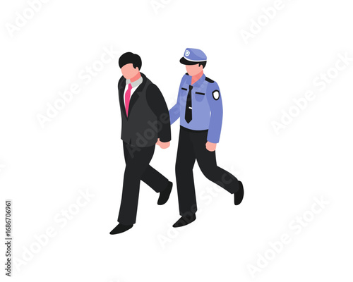 A police officer arresting and escorting a businessman in a suit. Isometric vector illustration concept of law enforcement, justice, and white-collar crime