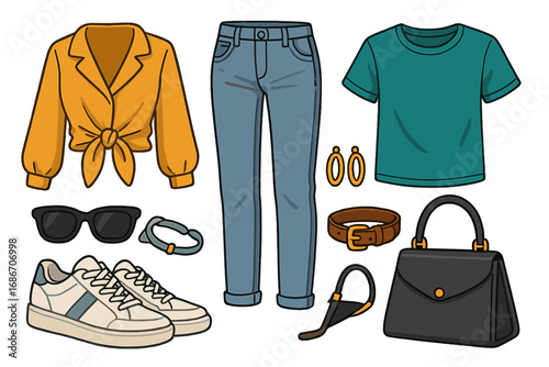 Woman fashion clothes set. Female casual outfit collection. Look with jeans, shirt, sneakers, bag. Modern clothing and accessories for girl. Vector cartoon illustration flat lay.