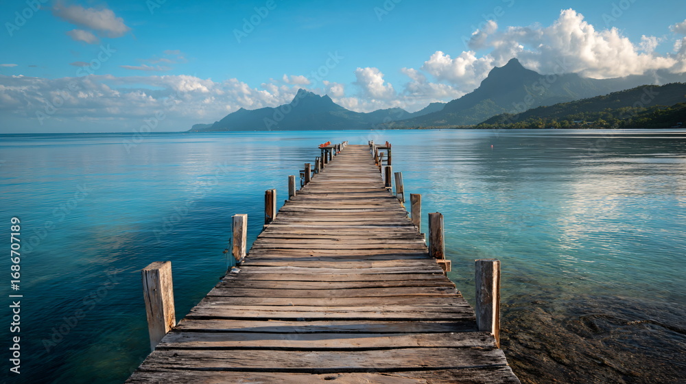 Fototapeta premium wooden pier stretching into calm blue water, tropical mountains in the distance
