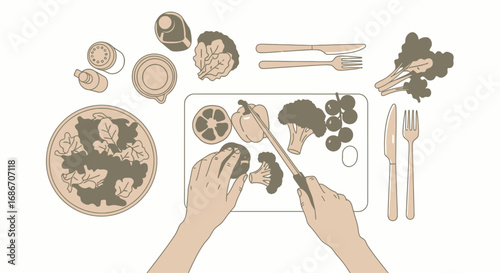 mindful vegan cooking a flatlay of hands preparing a healthy meal, isolated on transparent background