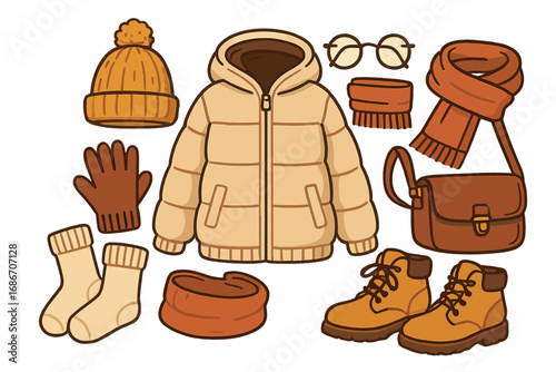 Winter fashion essentials set. Cozy clothes and accessories collection with puffer jacket, knit hat, scarf, boots, gloves and bag. Cold weather stylish outfit. Vector cartoon.