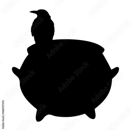 Logo con silueta de cuervo negro en caldero de bruja para felicitaciones y tarjetas de Halloween