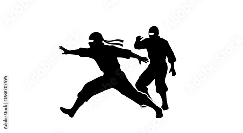 ninja stealth pursuit shadows dance in monochrome, isolated on transparent background